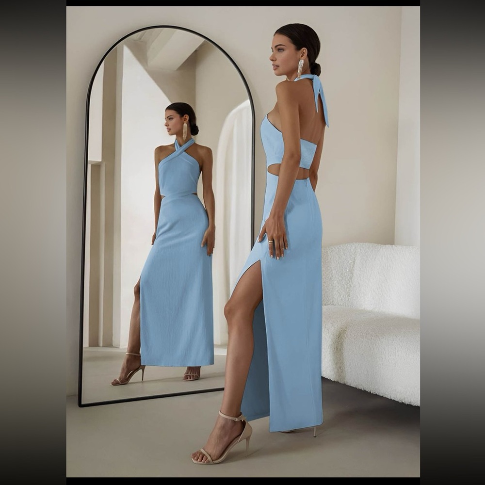 Commense Light Blue Cutout Halter Maxi Dress